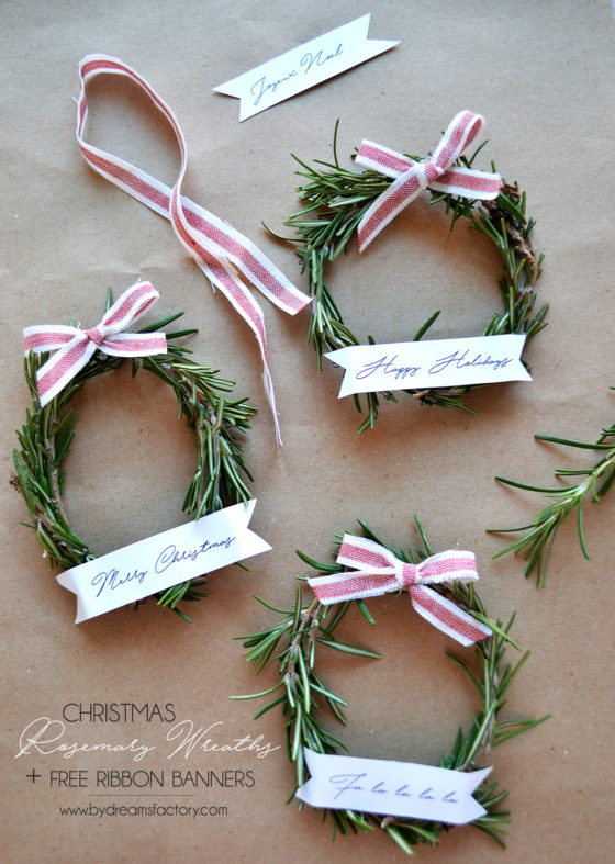 Christmas rosemary wreaths + free ribbon banners