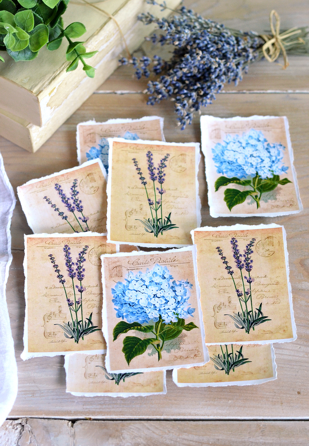 Hydrangea and Lavender vintage tags with torn edges - by Dreams Factory #diy #crafts #French #lavender #hydrangeas
