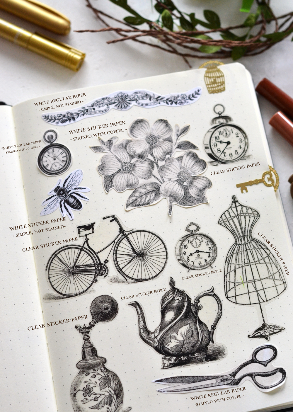 Learn how to make some amazing DIY vintage stickers using 3 types of paper ...and some coffee (to give the stickers a beautiful, antiqued look) #DIY #bulletjournal #stickers #vintage #crafts
