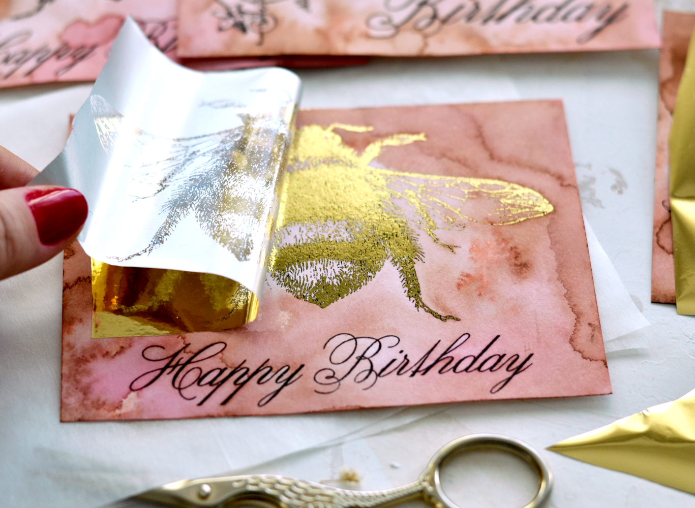 DIY Gold Foil Vintage Bee Birthday Cards - applying the gold foil