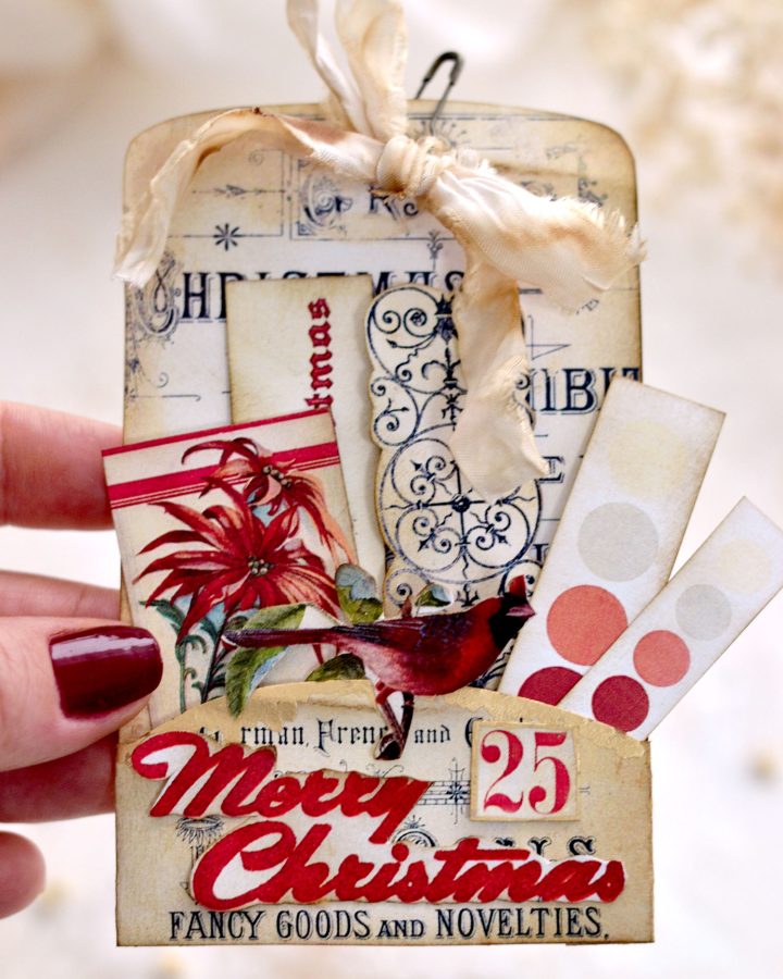 Vintage Christmas pocket tags with crinkle ribbon